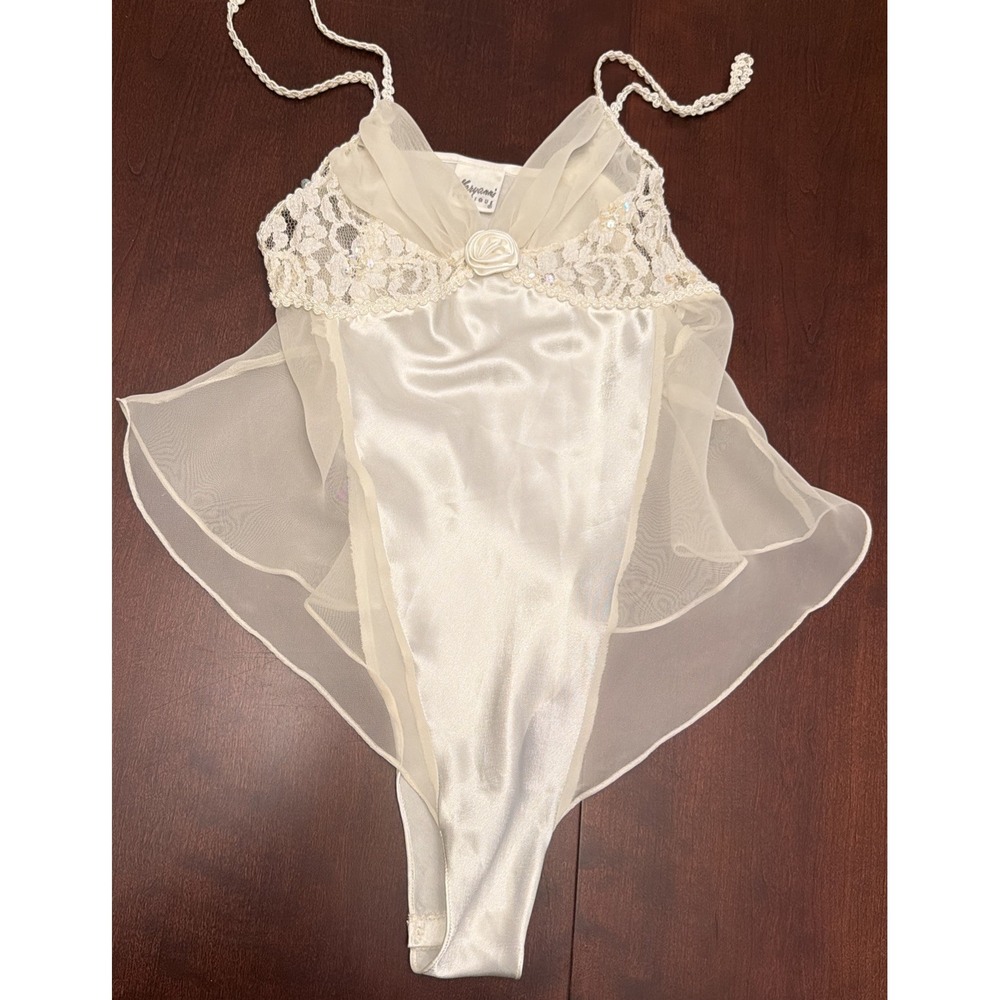 Maryann's Boutique White Lace Satin Bodysuit Size M Lingerie Vintage
